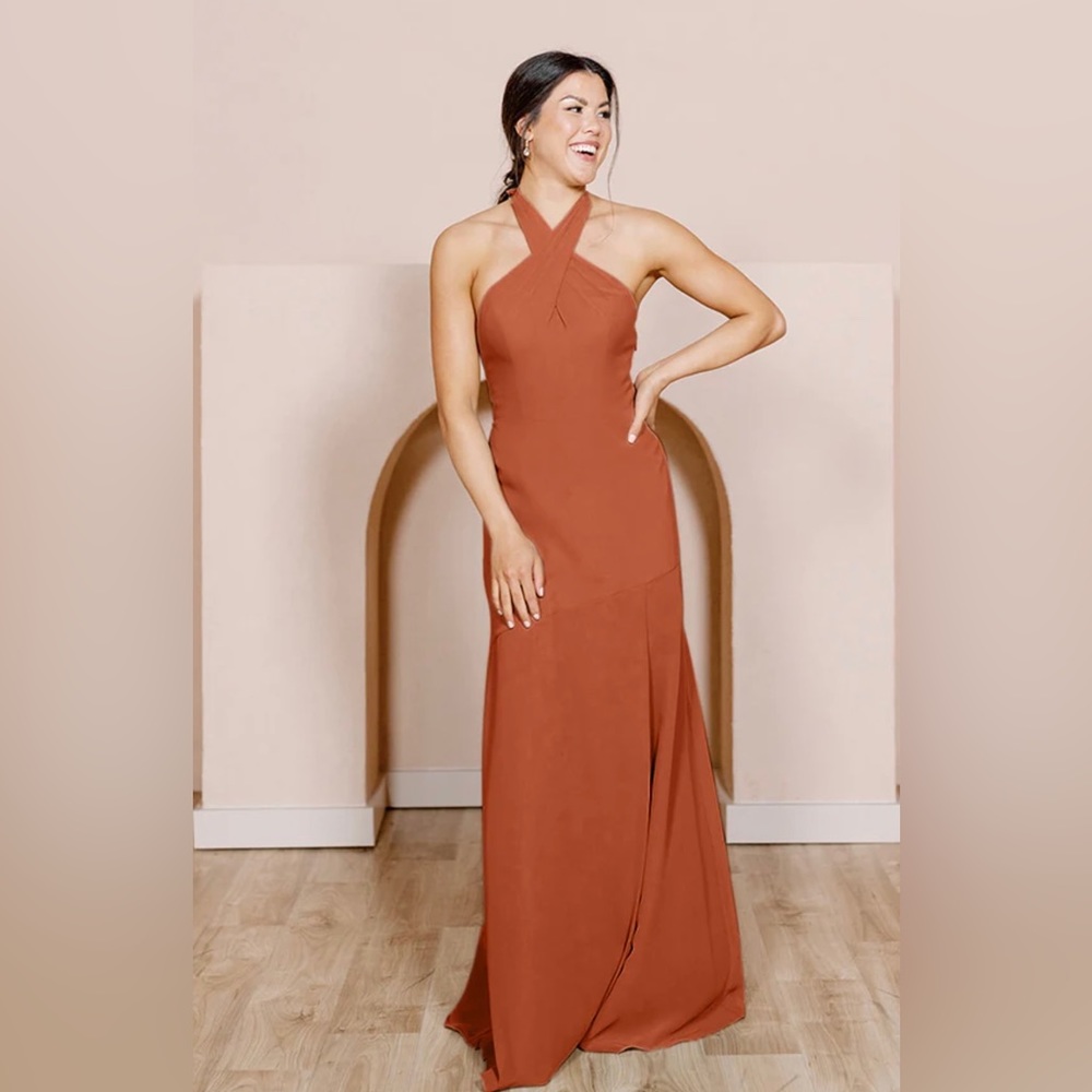 Revelry Athena Chiffon dress in rust orange.